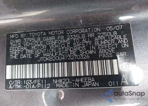 2007 Toyota Prius from USA, damaged, VIN JTDKB20U473270326